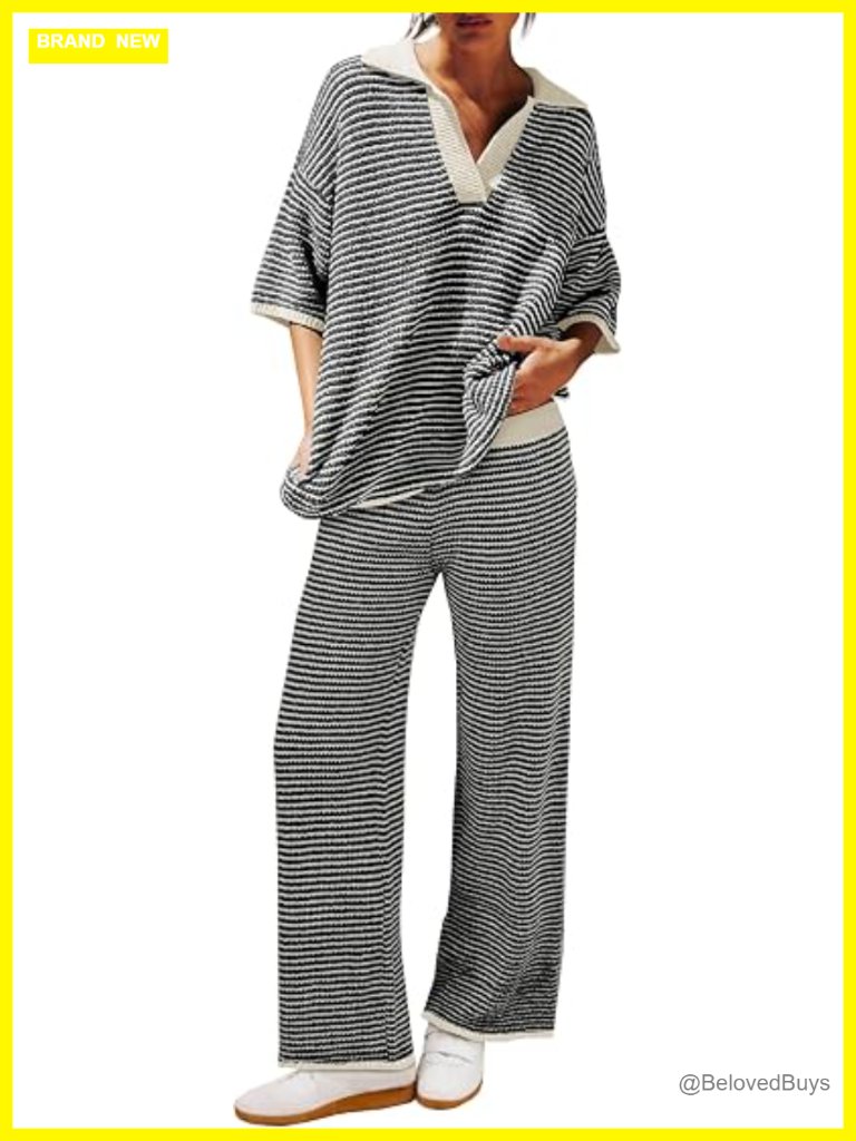 Striped Knit 2 Piece Lounge Set: Oversized V Neck Sweater & Wide Leg Pants
